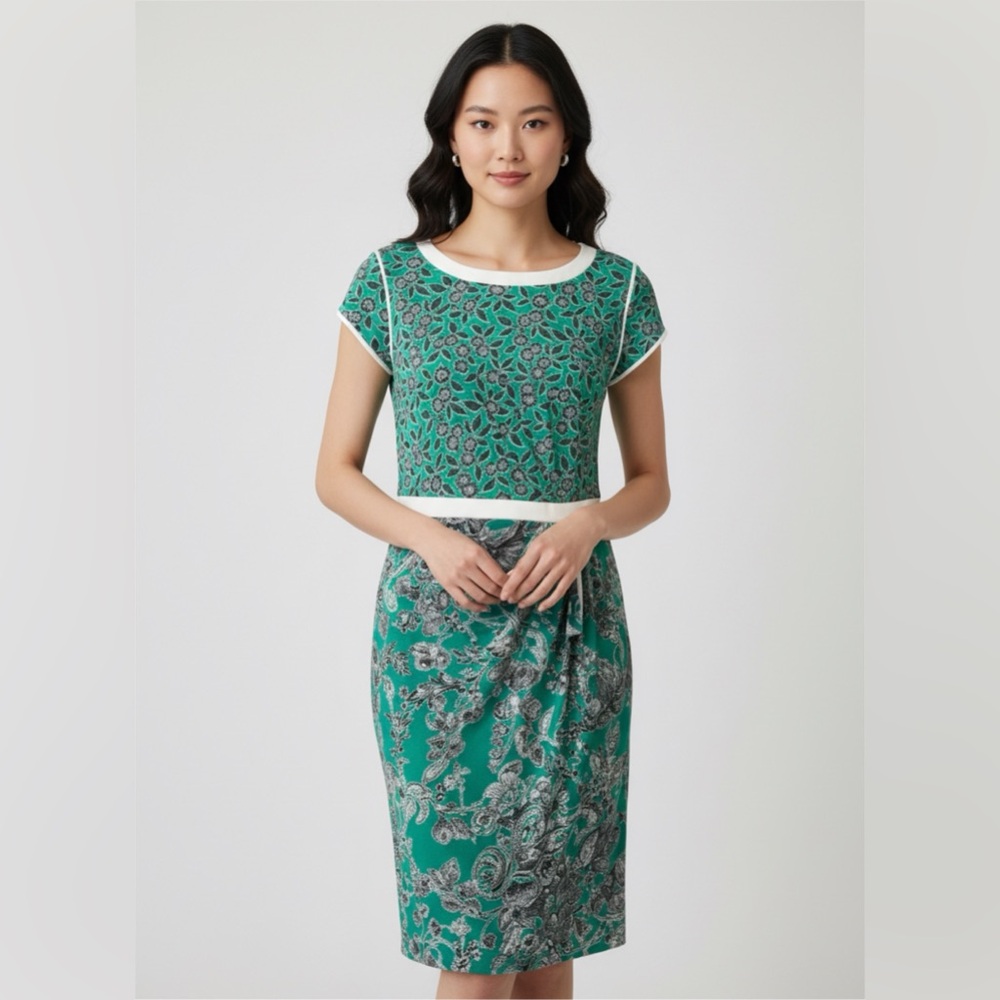 WOMEN’S DI MARE‎ GREEN/WHITE CAP SLEEVE KNEE LENGTH STUNNING DRESS MADE IN ITALY